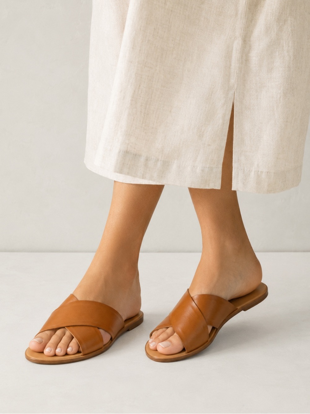 Talbots Tan Leather Criss Cross Slide Sandals